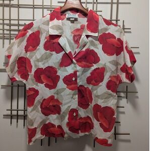 VTG 80's 90's Russ Petites Red Floral Short Sleeve Button Up‎ Shirt Sz 12 ILGWU
